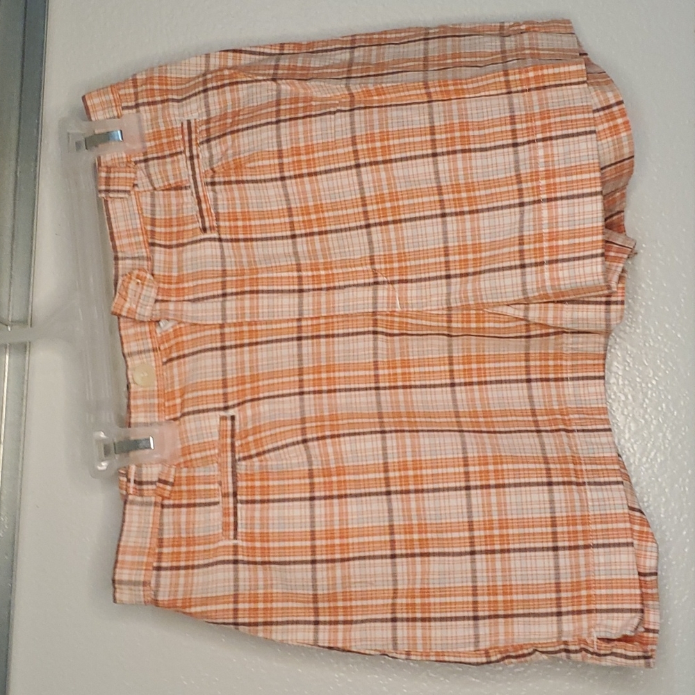 Women's American Eagle Vintage Orange plaid Booty Shorts w tiny Front Pockets